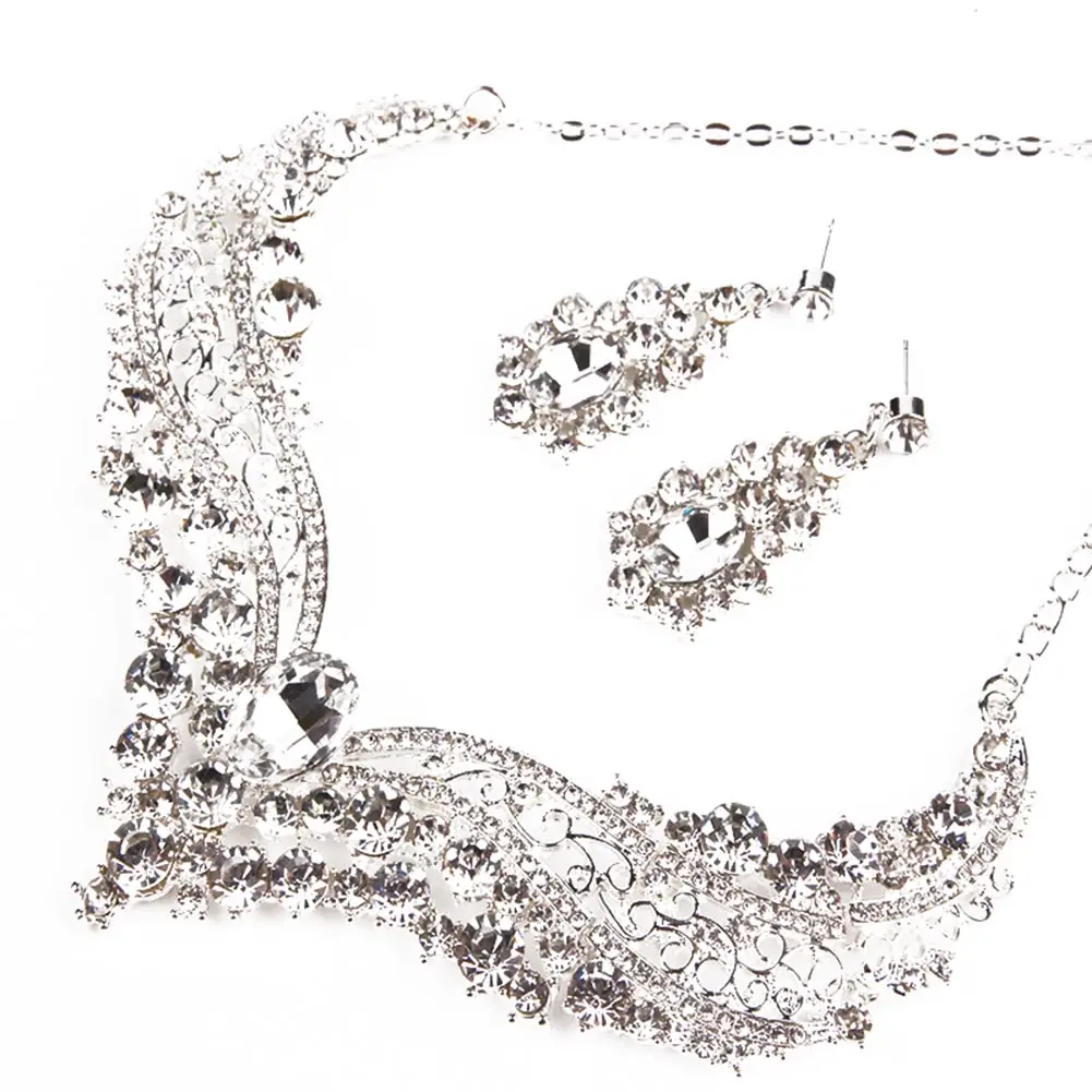 

3 Pcs/Set Women Lady Necklace + Earrings Crystal Wedding Party Bride Necklaces Earring Jewelry Kit Gifts