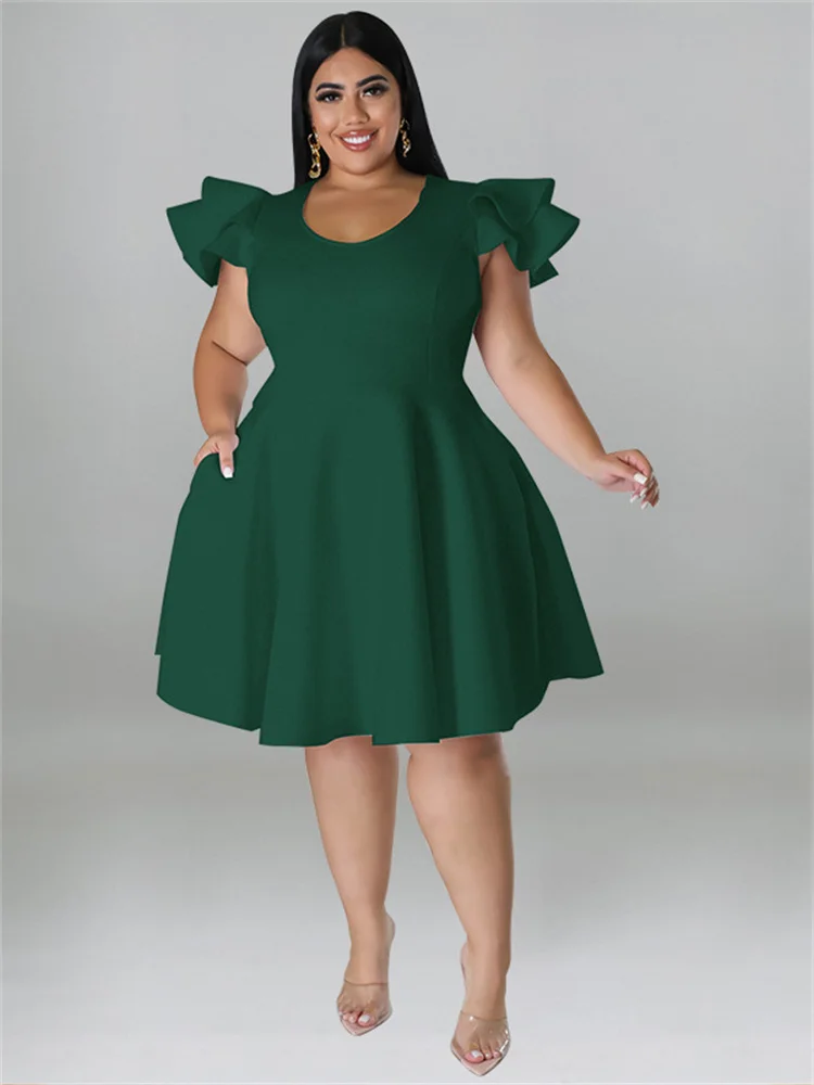 Plus Size Dresses for Women Elegant Party Solid Ruffles Sleeve Big Hem Midi Dress Hot Sale New Wholesa 3xl 4xl 5xl 6xl