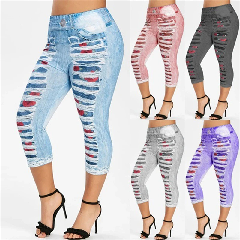 

Plus Size 2XL Women Yoga Short Leggings Faux Denim Ladies Short Pants Floral Printed High Waist Female Shorts