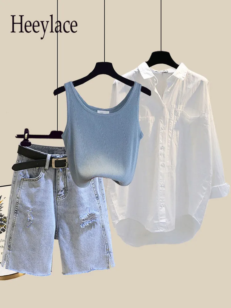 Женский летний комплект из трех предметов Трикотажный жилет + белая