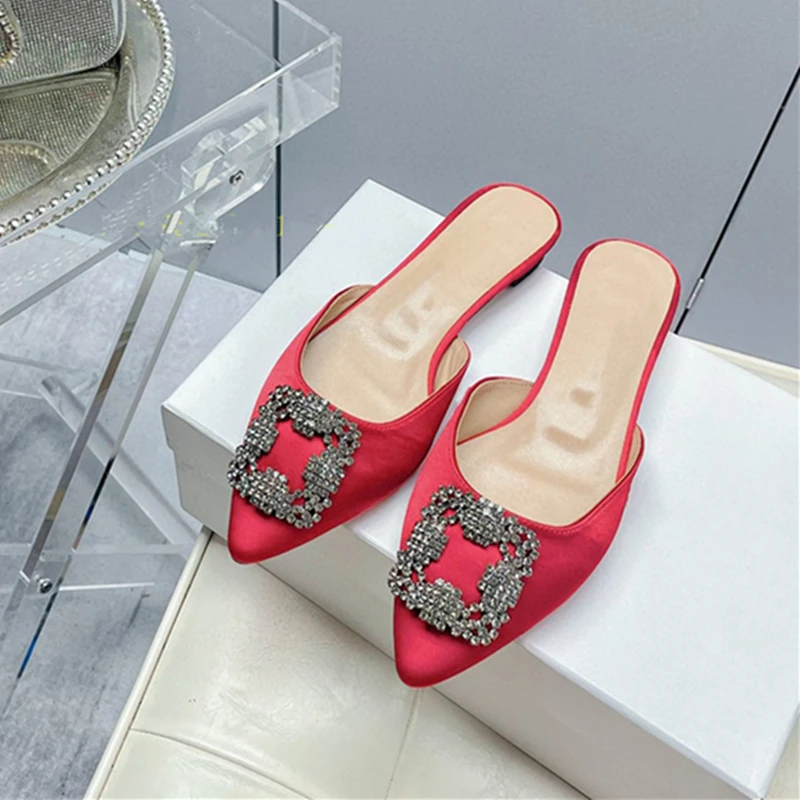 European and American women's new high heels satin rhinestone buckle fashion slippers