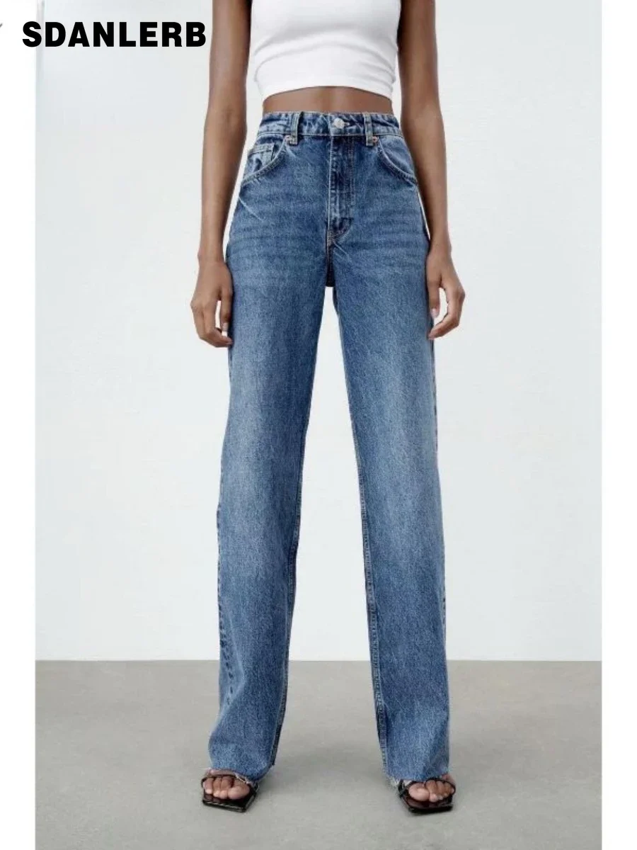 Повседневные универсальные брюки с высокой талией варенные Широкие джинсовые