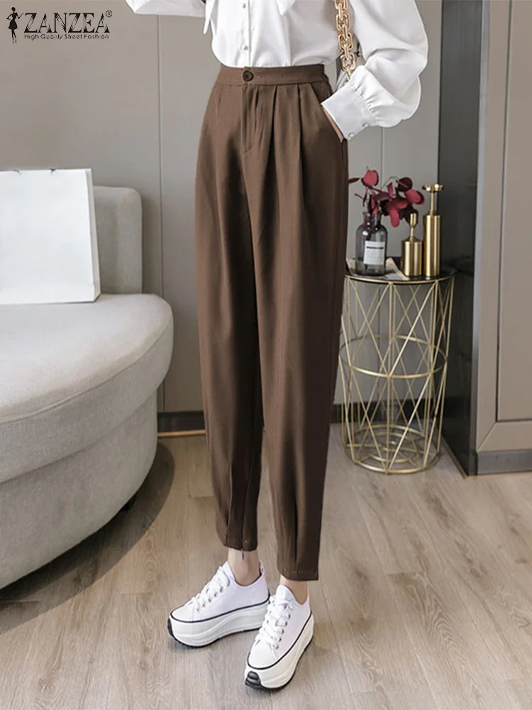 

ZANZEA Casual Loose Office Lady Pantalon Korean Fashion High Wasit Pleated Trousers 2023 Spring Women Solid Color Cropped Pants