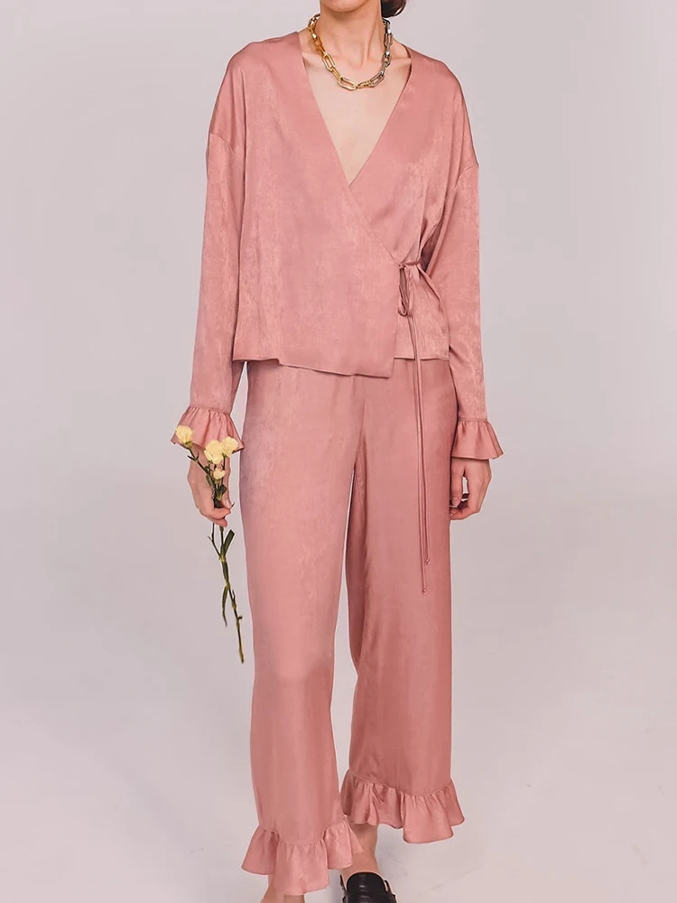 

Restve Peplum Pajamas For Women 2 Piece Set Long Sleeve V Neck Tops Lace Up Patchwork Female Sets With Pants Summer Casual 2022