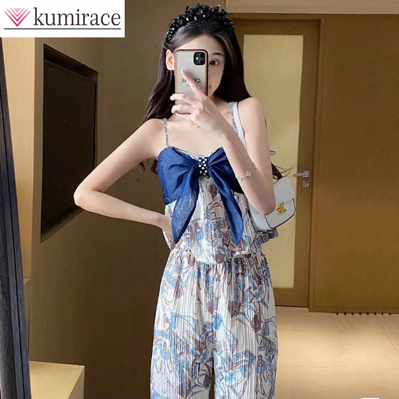 

Summer New Set Women's Korean Version Sling Sleeveless Top Printed Wide Leg Pants Two Piece Loose Fashion Pants Set Pants