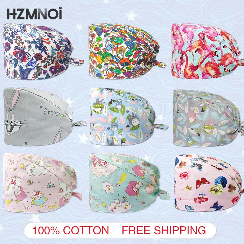 

High-quality Cartoon Print Unisex Cotton Nurse Doctor Scrub Cap Adjustable Chef Beauty Salon Work Laboratory Dust