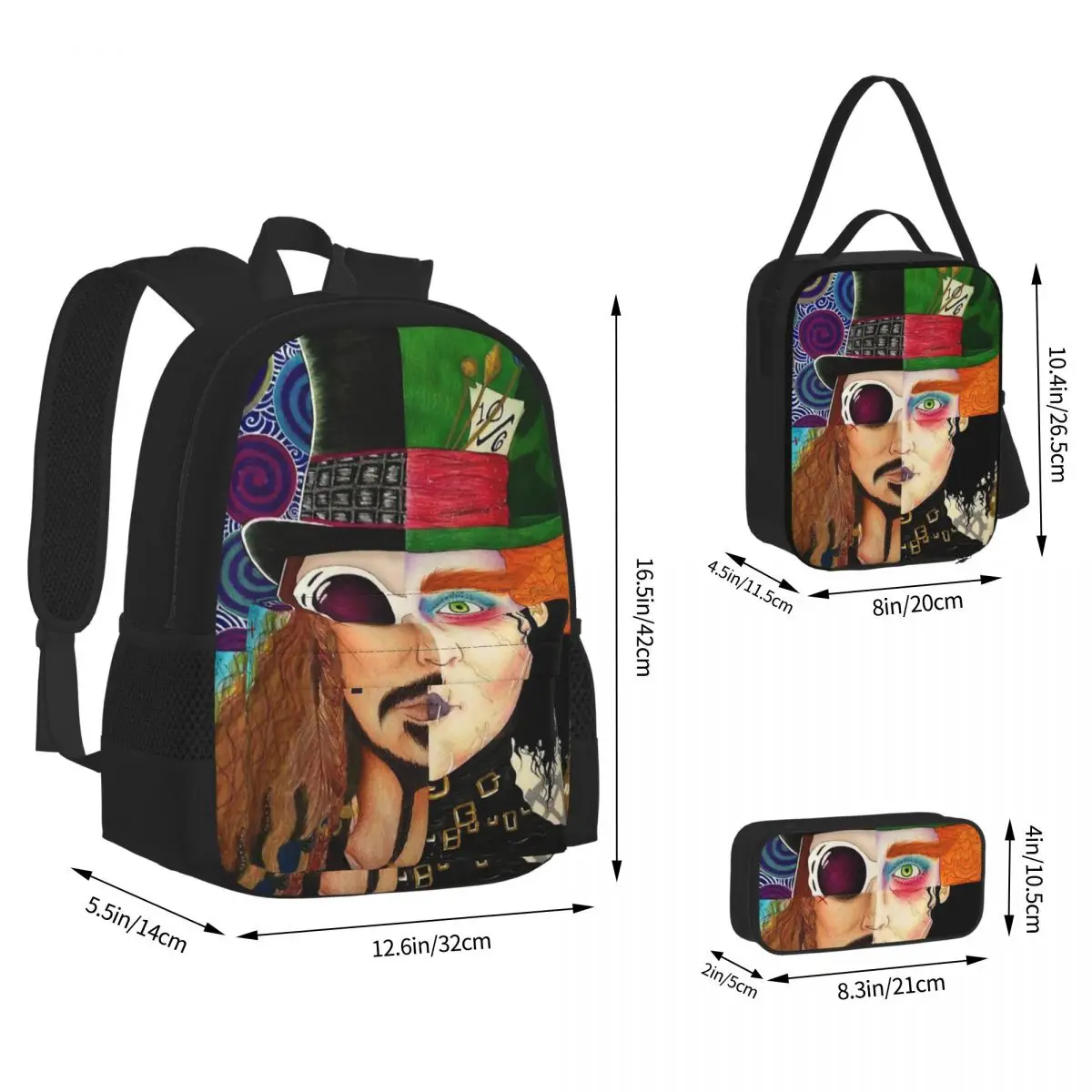 

Johnny Depp Character Collage Backpacks Bookbag Children School Bags Cartoon Kids Rucksack Lunch Bag Pen Bag Three-Piece Set