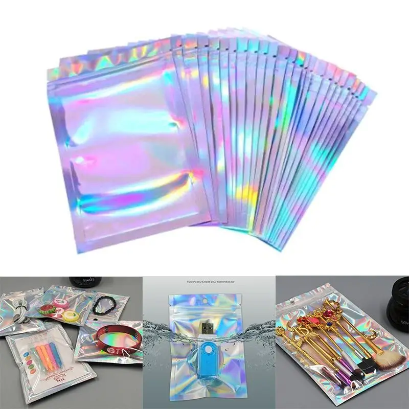 

100Pcs Plastic Ziplock Bag Aluminum Foil Hologram Small Water Proof Zipper Reclosable Pouches Makeup Food Storage Zip Lock Bags