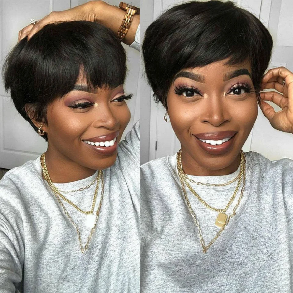 

Yeslestm Pixie Cut Short Bob Human Hair Wigs #1B Machine Made Bangs Wig Raw Indian Remy Straight Human Hair Wigs For Black Women