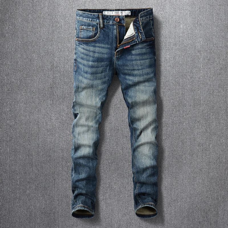 

Vintage Fashion Men Jeans High Quality Retro Blue Elastic Embroidery Designer Jeans Men Korean Stretch Casual Slim Denim Pants