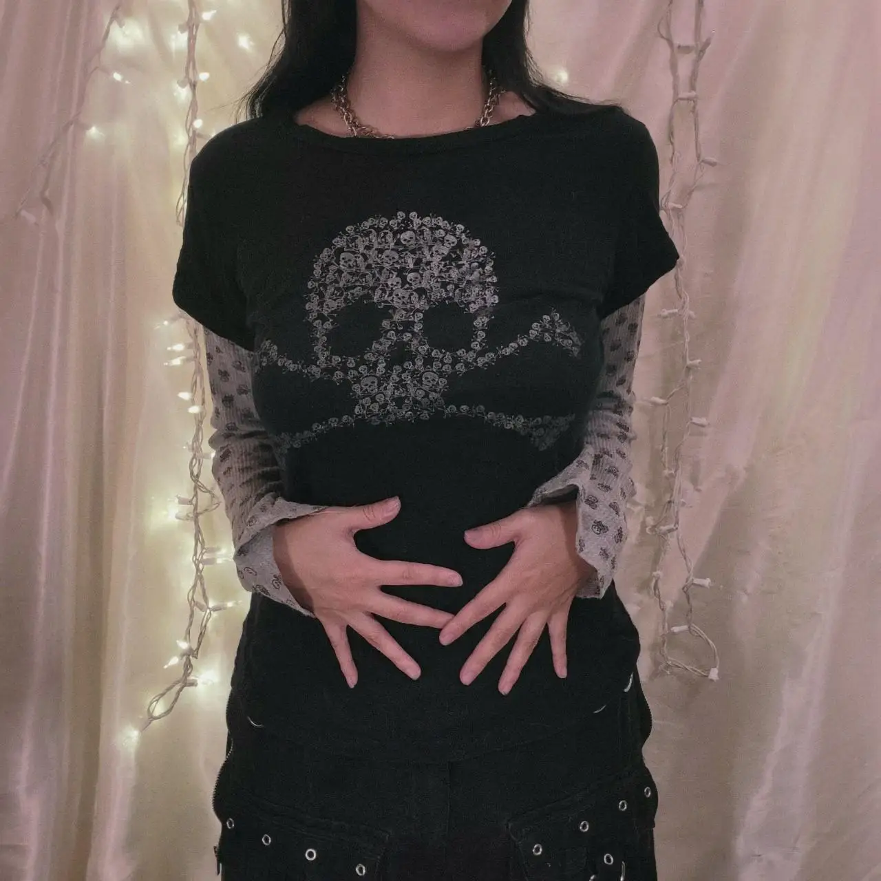 

Women Black Shirt, Long Sleeve Round Neck Skull Print Casual Street Party Spring Fall Tops