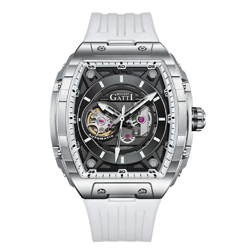 

BONEST GATTI Men Automatic Watch Fashion Mechanical Wristwatch Skeleton Waterproof Sapphire Tonneau Luminous Fluororubber Strap