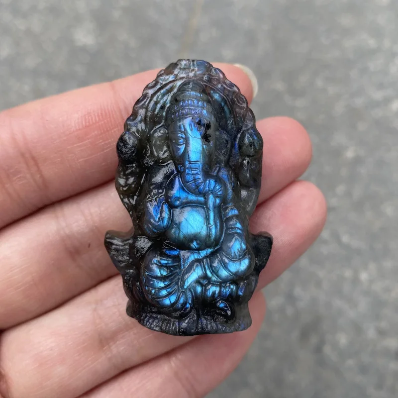 

Natural Labradorite Crystal Handmade Carved Elephant God Ganesha Statue Animal Powerful For Home Decoration Gift 1Pcs