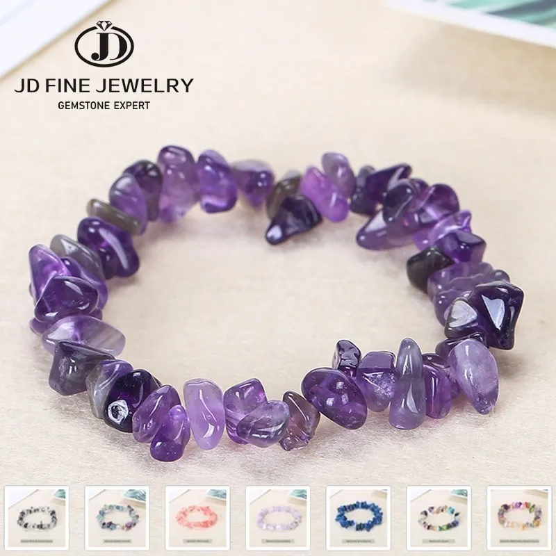 

JD Natural Crystal Amethysts Chip Beads Bracelet Irregular Gravel Quartz Bangles Healing Charm Gifts for Women Men Wrist Jewelry