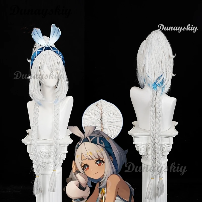 Genshin Impact Muinaa Косплей Парик 100 см Белый Синий Длинные Косы Meztli Springs Natlan Хэллоуин