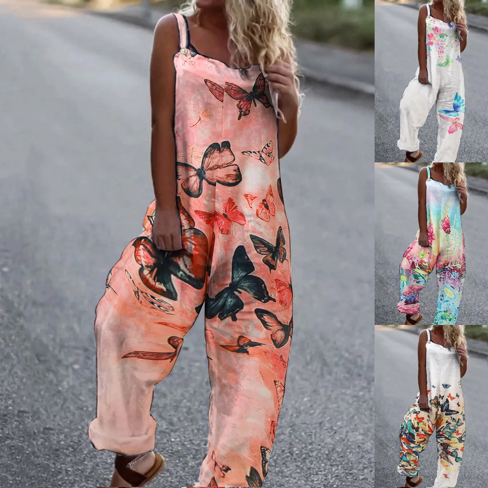 

Jumpsuit Women 2022 Chic Floral Butterfly Printed Loose Sleeveless Tank Jumpsuits Wide Leg Pants Rompers Pockets Overalls Female