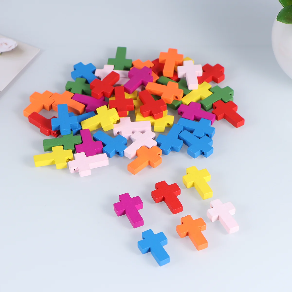 50 Pcs Charm Necklace Long Pendant Pendants Wooden Cross Colorful Bamboo Charms Making