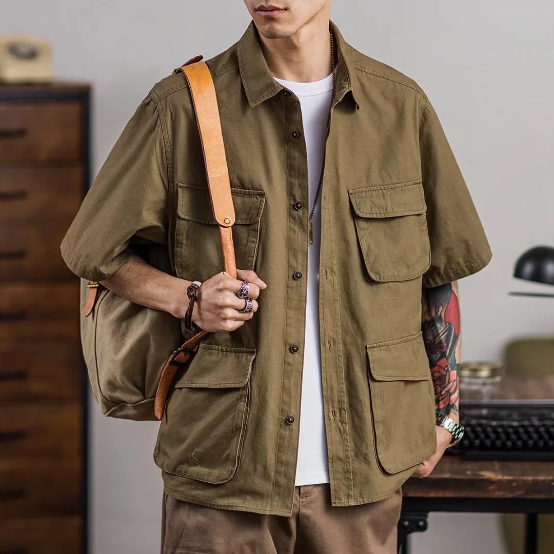 

Cargo Short Sleeve Shirts Men Causal Solid Harajuku Vintage Simple All-match Basic Tops Male Military Tactical Multi Pockets New