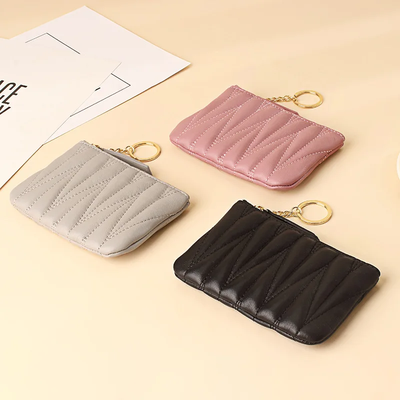Women Sheepskin Zip Coin Wallet Key Chain Fashion Small Purse Money Designer Diamond Pattern Short Change Pouch Coin Purse