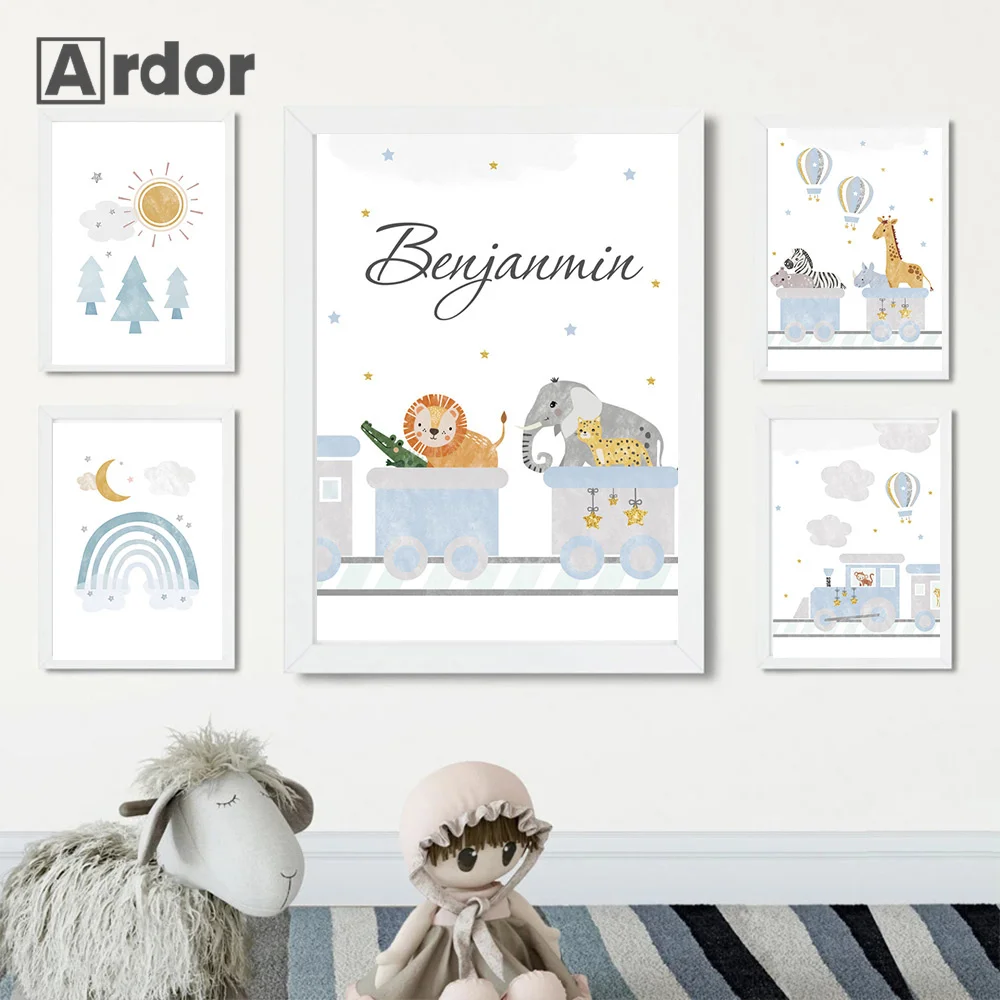 

Custom Baby Name Poster Hot Air Balloon Canvas Painting Sun Rainbow Nursery Animal Art Print Nordic Wall Pictures Kid Room Decor