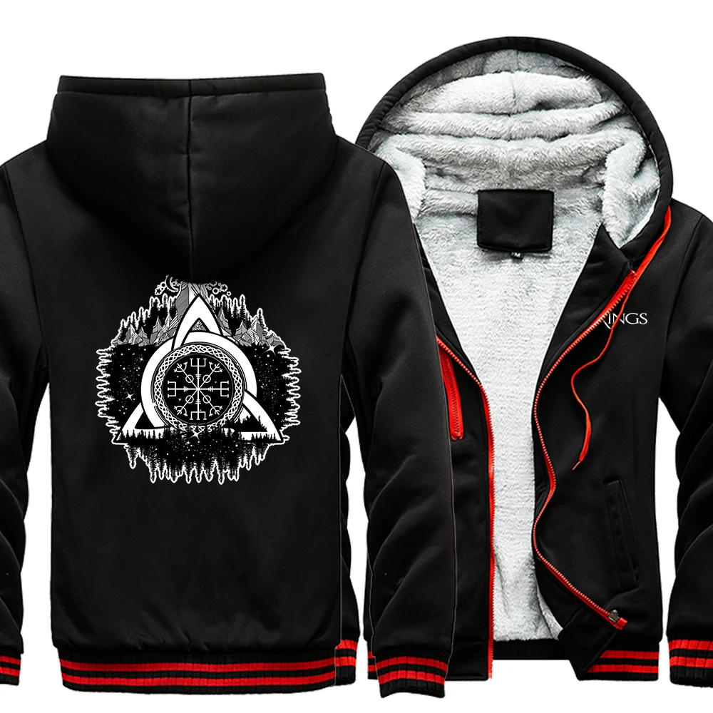 

Celtic Trinity Knot Helm of Awe Printing Men Zipper Long Sleeves Vintage Thicken Clothing Winter Casual Raglan Tops Man Hoodies