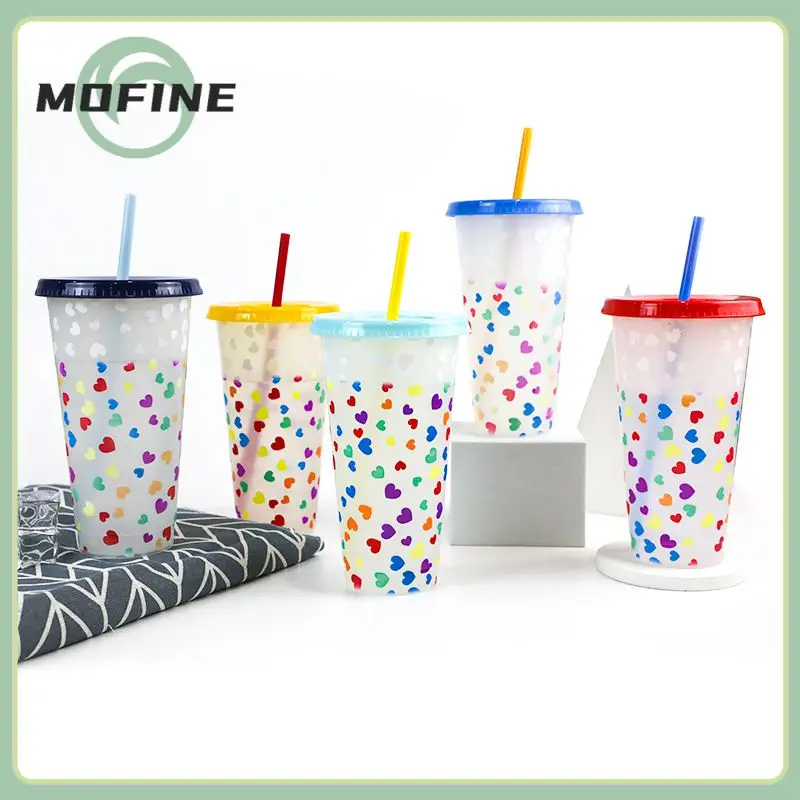 

710ml Love Heart Tumbler With Lid Straw Cold Color Changing Plastic Water Mug Single Layer Water Cup Drinkware For Kitchen