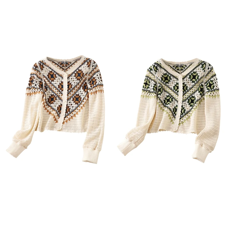 

Women Hollow Crochet Sweater Ethnic Long Sleeve Buttton Down Crop Cardigan Coat