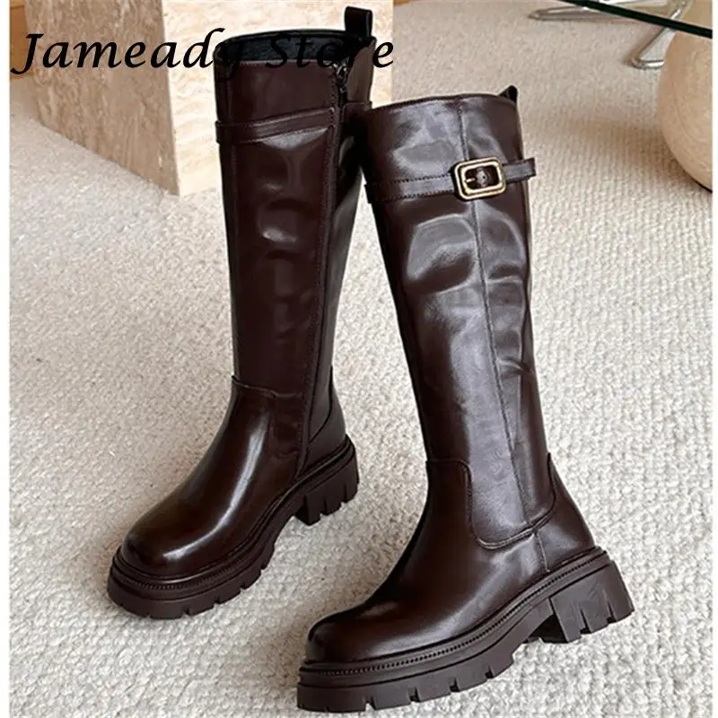 

Новые женские рыцарские сапоги, модные Универсальные сапоги до колена на Высоком толстом каблуке и платформе, женские элегантные сапоги с ремешком и пряжкой