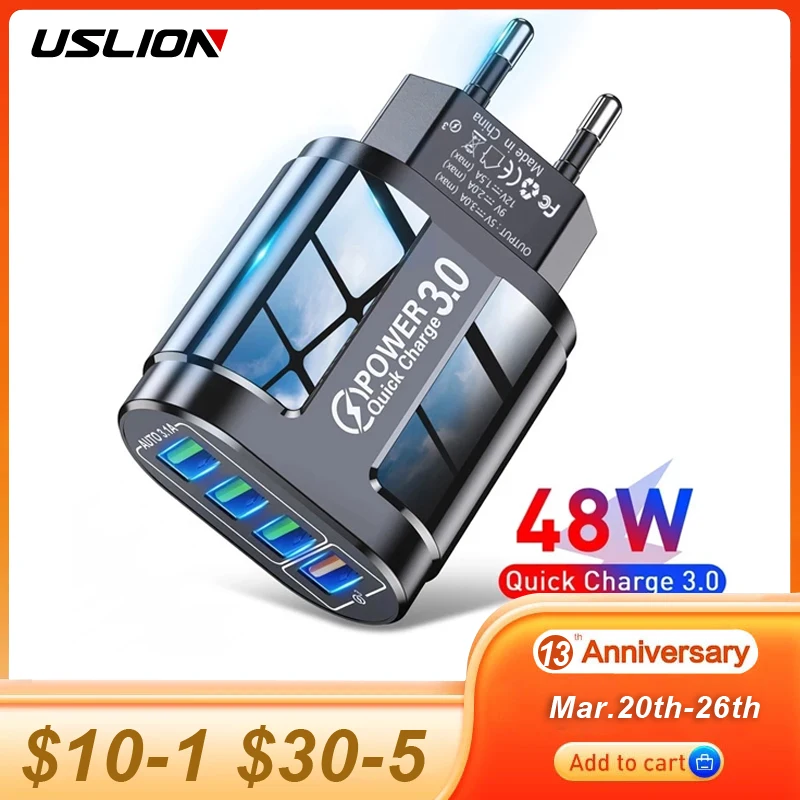 USLION 48W USB Charger Fast Charge QC 3.0 Wall Charging For iPhone 14 13 Samsung Xiaomi Mobile 4 Ports EU US Plug Adapter Travel