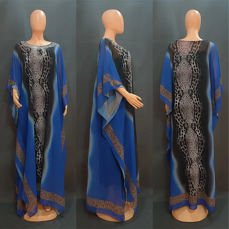 

2022 African Print Dresses For Women 2 PCS Set Plus Size Chiffon Boubou With Inner Dress Muslim Dubai Abayas Turkey Clothing