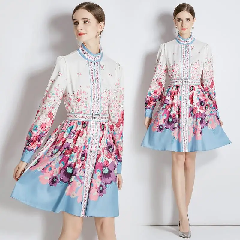 

Softerable Skinny Long Sleeve Autumn Women Dresses Sweet Blue And Red Color Flower Printed Chiffon A-line Knee Length Vestidos