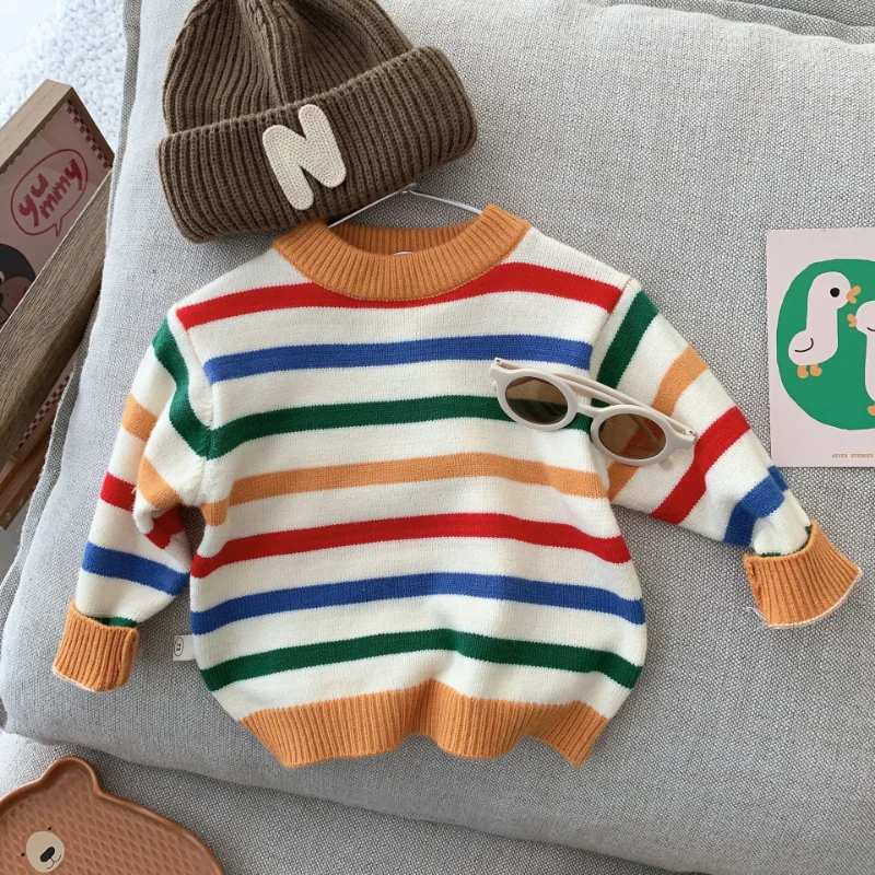 Autumn Toddler Girls Striped Knitted Sweater Pullover Kids Cotton Clothes Baby Boys Rainbow Knitwear Outwear Children Undershirt