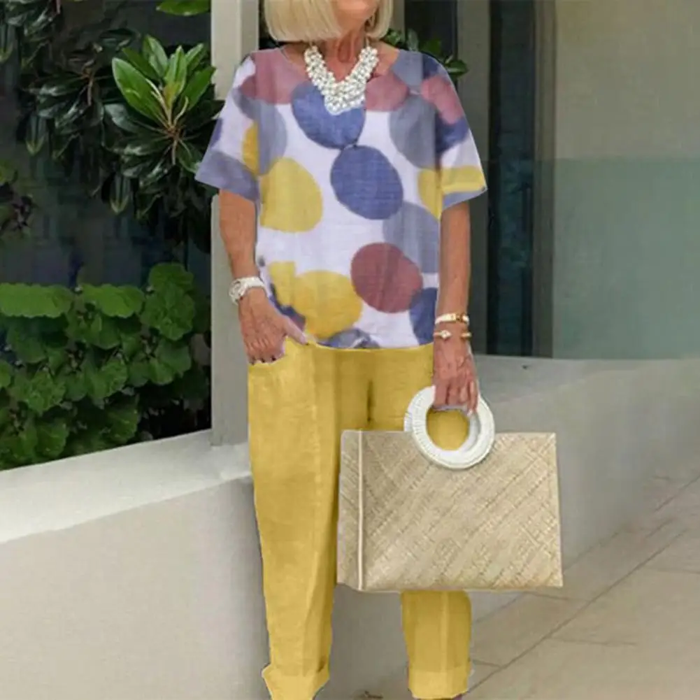 

Breathable Solid Color Pant Printed Lady T-shirt Pants Set Female Clothes