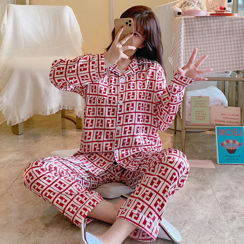 Women Pajamas Set New Luxury Style Cross Letter Print Sleepwear Silk Pijama Leisure Home Clothes Nightwear Pyjama