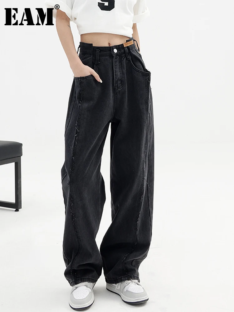 

[EAM] High Waist Black Pleated Denim Wide Leg Casual Trousers New Loose Fit Pants Women Fashion Tide Spring Autumn 2022 1DE8604
