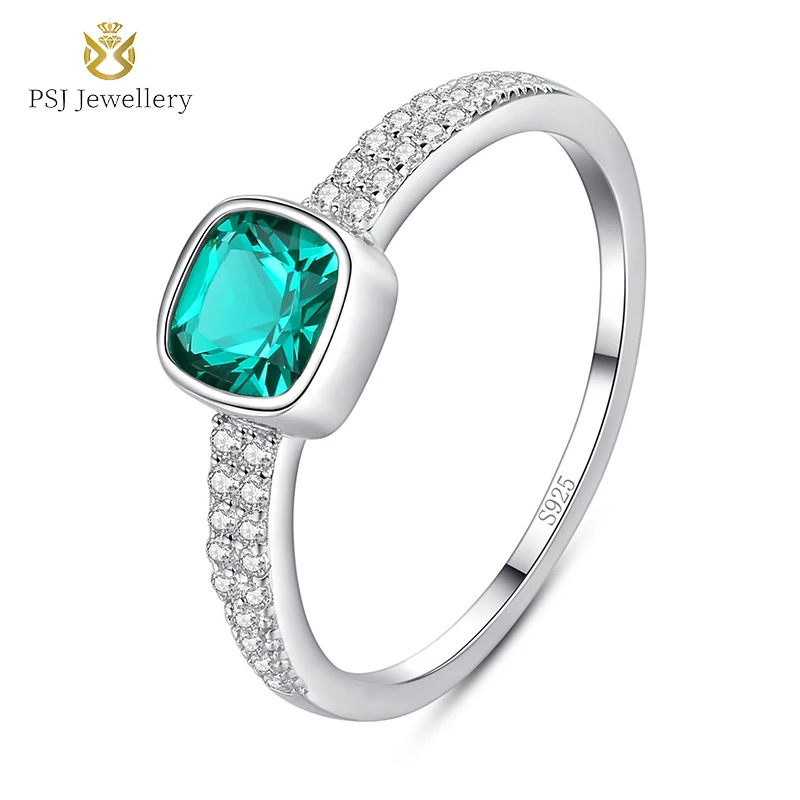 

PSJ Fashion Jewelry Rhodium Plated Emerald Gemstone 925 Sterling Silver Rings for Women