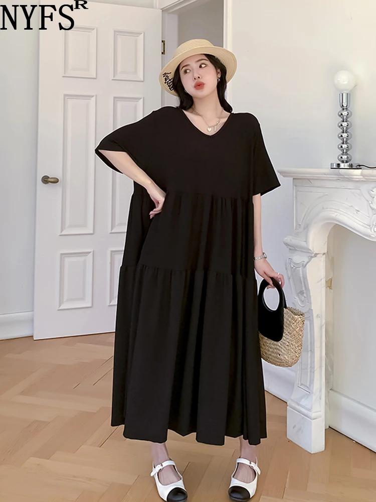 

2023 Summer New Korea Woman Dress Vestidos Robe Elbise Loose Plus Size Fat MM V-Neck Short Sleeve Big Cake Dresses