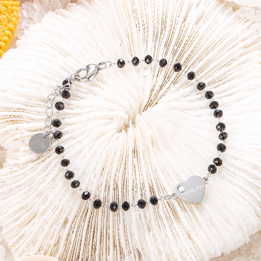 Женский браслет из нержавеющей стали с бусинами подвеской в виде сердца черных