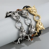 22cm punk stainless steel ethiopian golden wolf charm bracelet for men hip hop leather bracelet wholesale jewelry gift