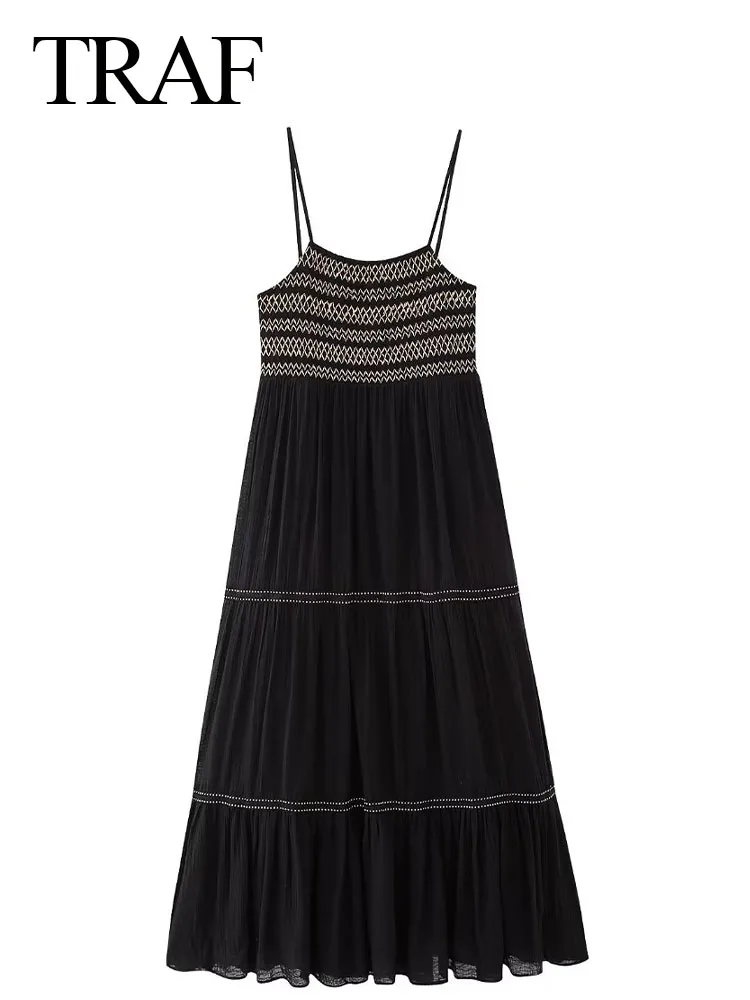 

TRAF Summer Elegant Fashion Chic Stripe Embroidery Slim Long Dresses Female Casual Sexy Sleeveless Backless Black Dresses