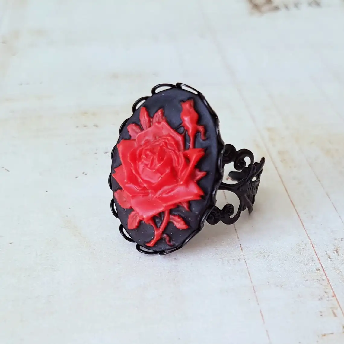 Black Filigree Gothic Red Rose Cameo Ring, Vintage Gothic Vi