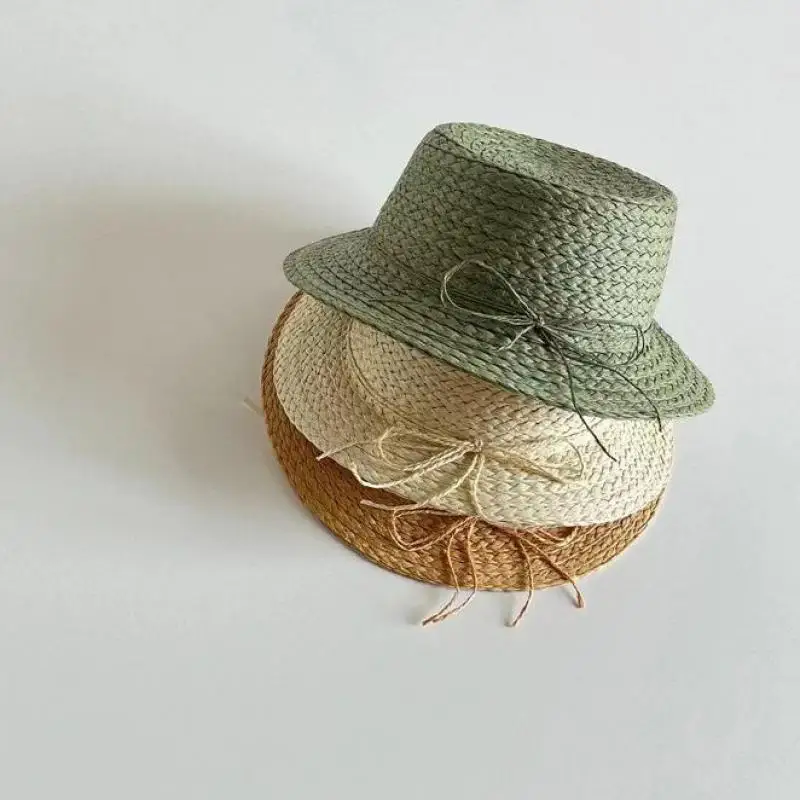 

Children Summer Solid Straw Hat Cute Bow Hats Girls Sun Protection Beach Cap For Baby Boys Simple Holiday Hats Flat Top Hats