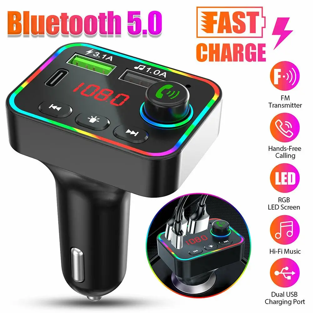 

Автомобильное зарядное устройство USB, Bluetooth 5,0, FM-передатчик, mp3-плеер F4U, цветная атмосферная лампа, аудиоресивер, комплект громкой связи, Аудио плееры