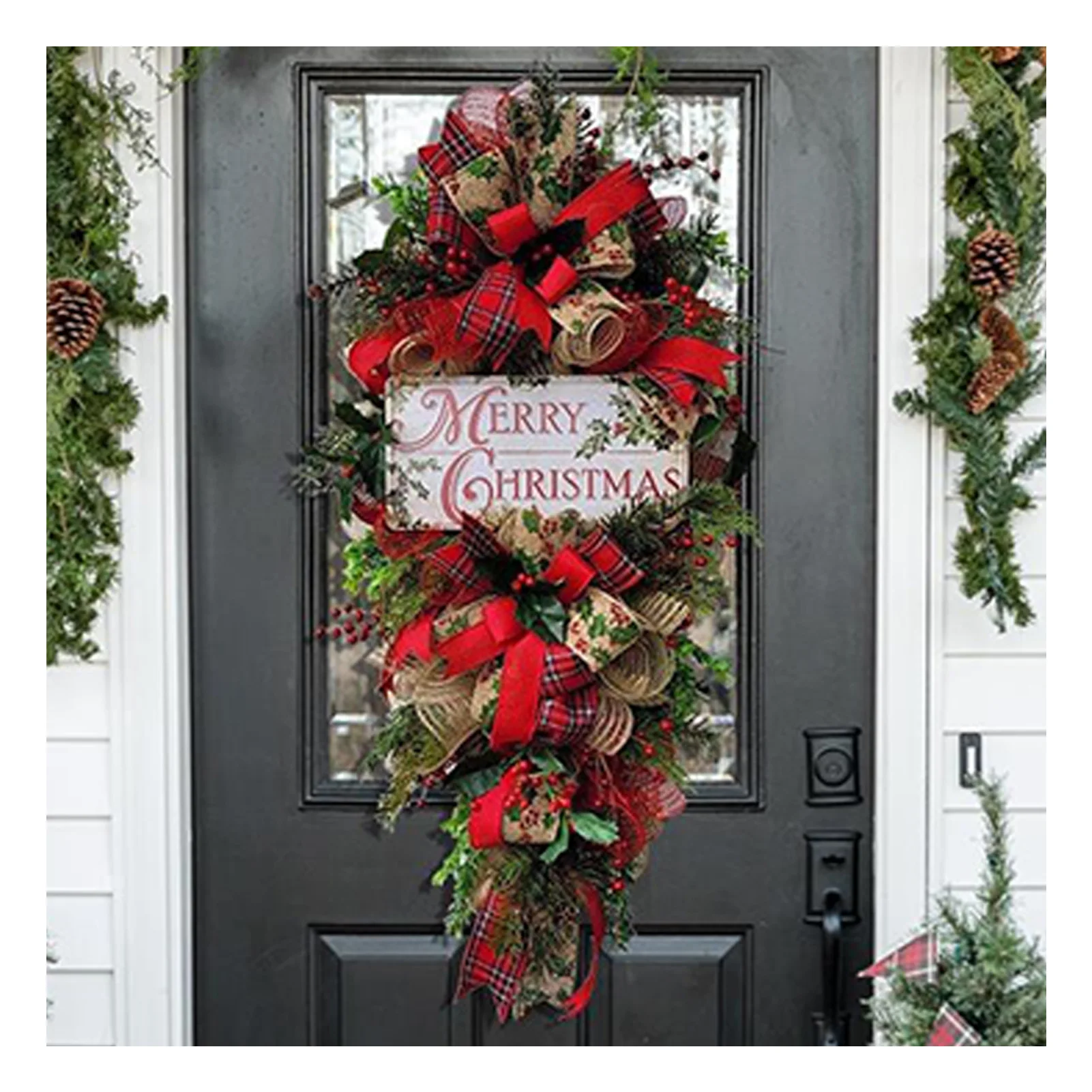 

Christmas Hanging Teardrop Swag Wreath Plaid Printed Ribbon Letters Plaque Decor Wreath for Front Door Window C44