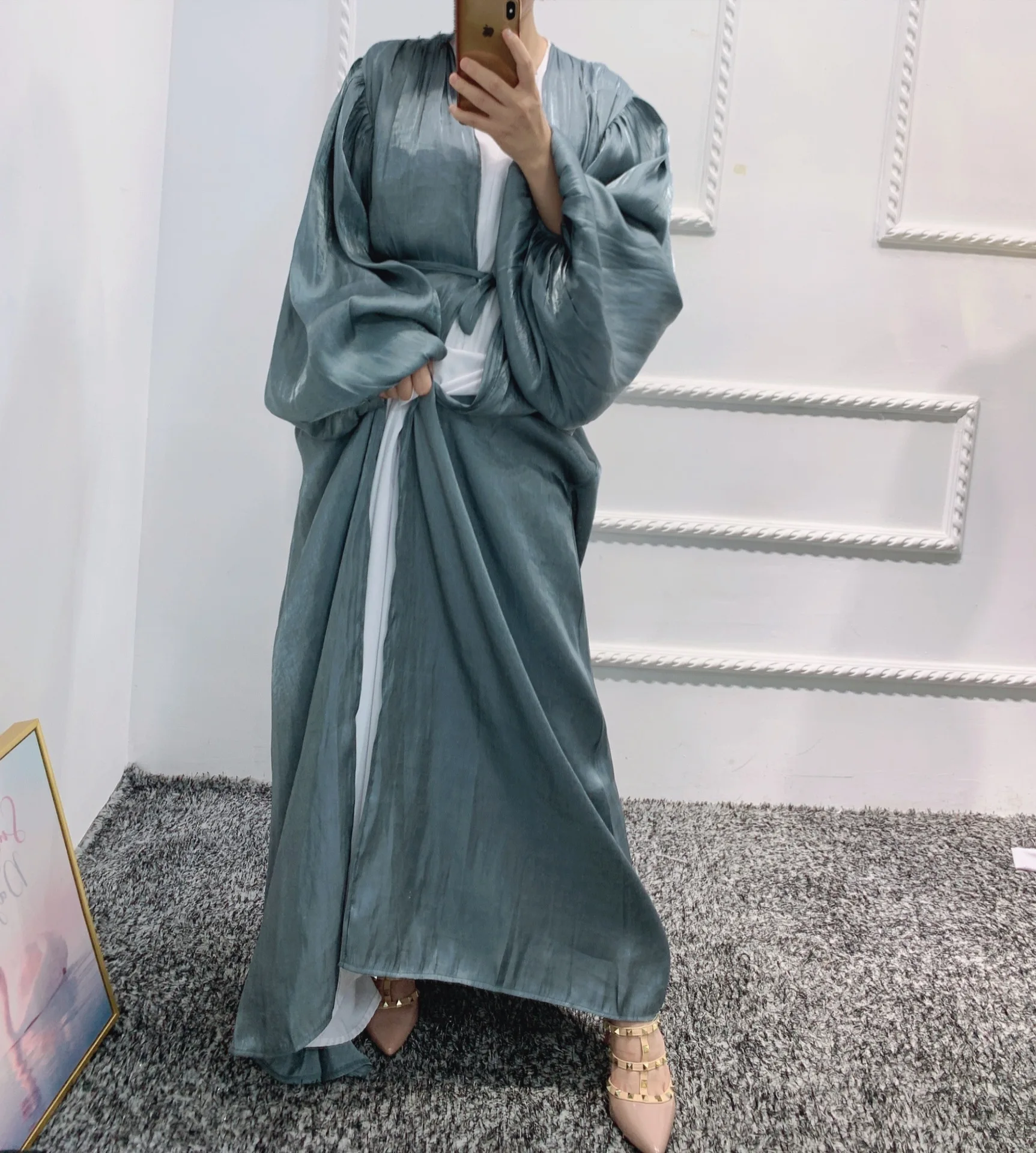 Мусульманское атласное платье Eid Open Abaya Dubai с рукавами-пузырями и цветами турецкие