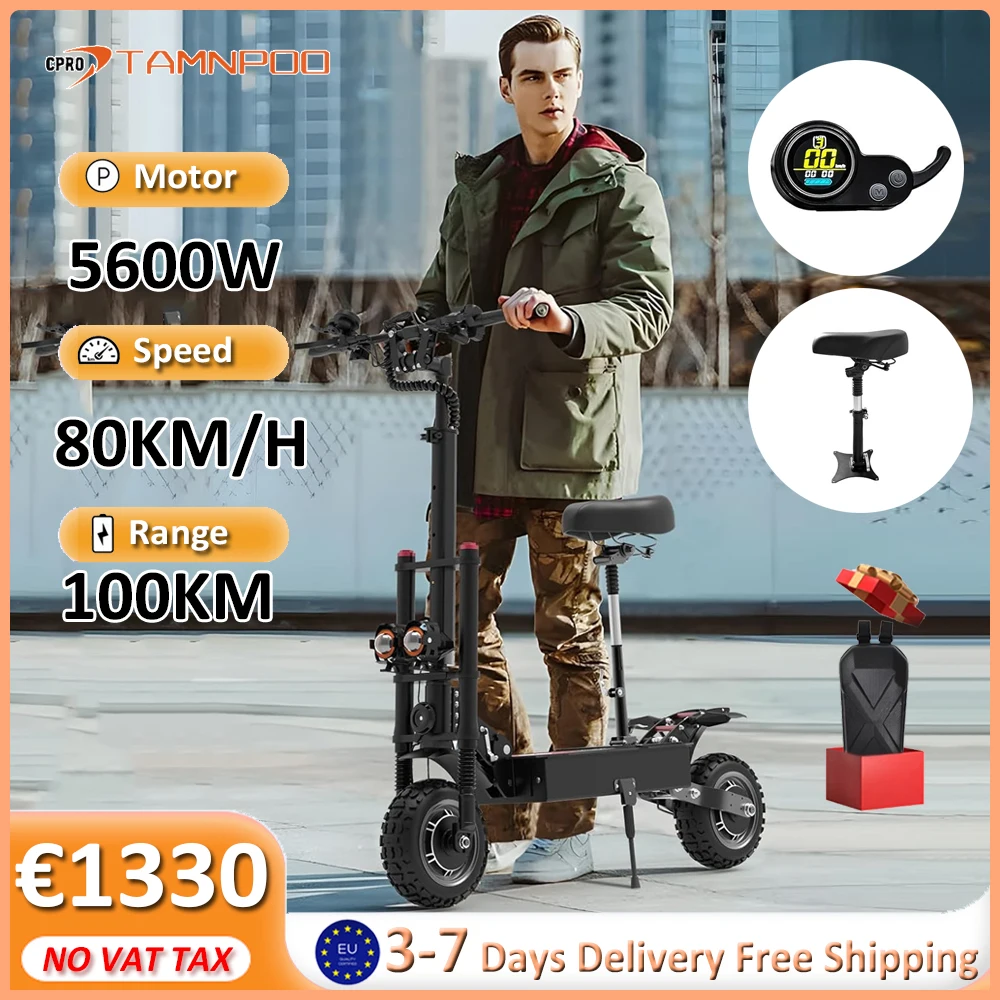 Powerful Electric Scooter for Adults 5600W 60V 38.4AH/28AH Max Speed 80KM/H 100km Range 11inch Off-Road Tire Foldable E-Scooter