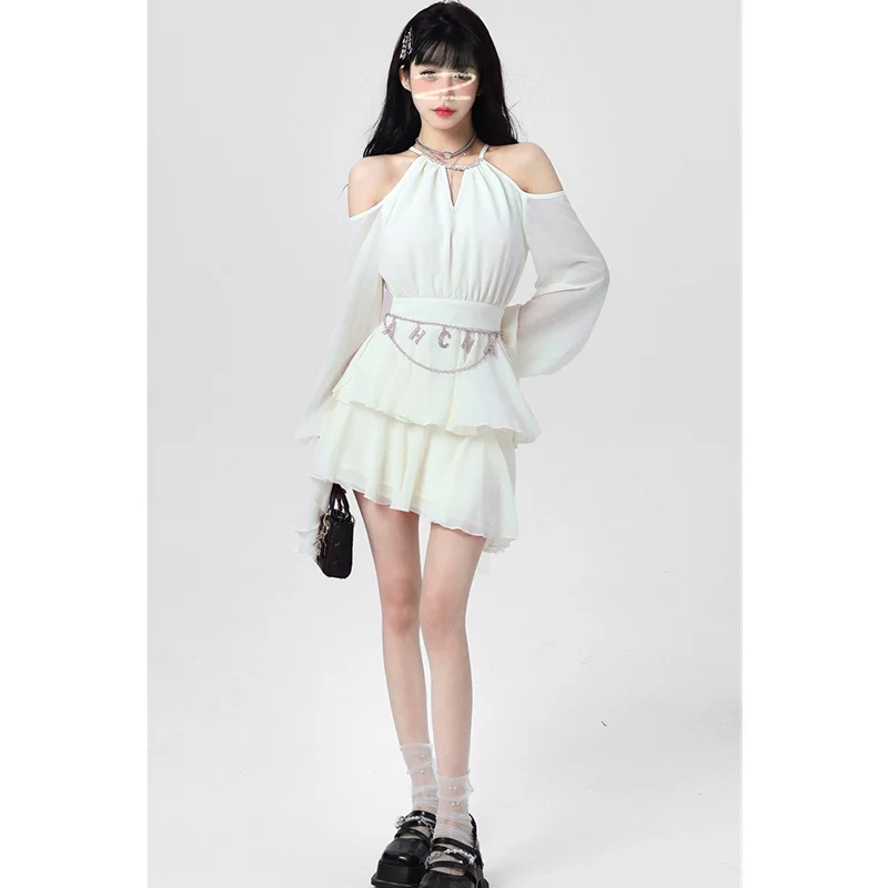 

Summer Women's White Dress Neck-mounted Long Sleeves Korean Fashion Suspender Irregular Chic Design Tiered Short Skirt Dress