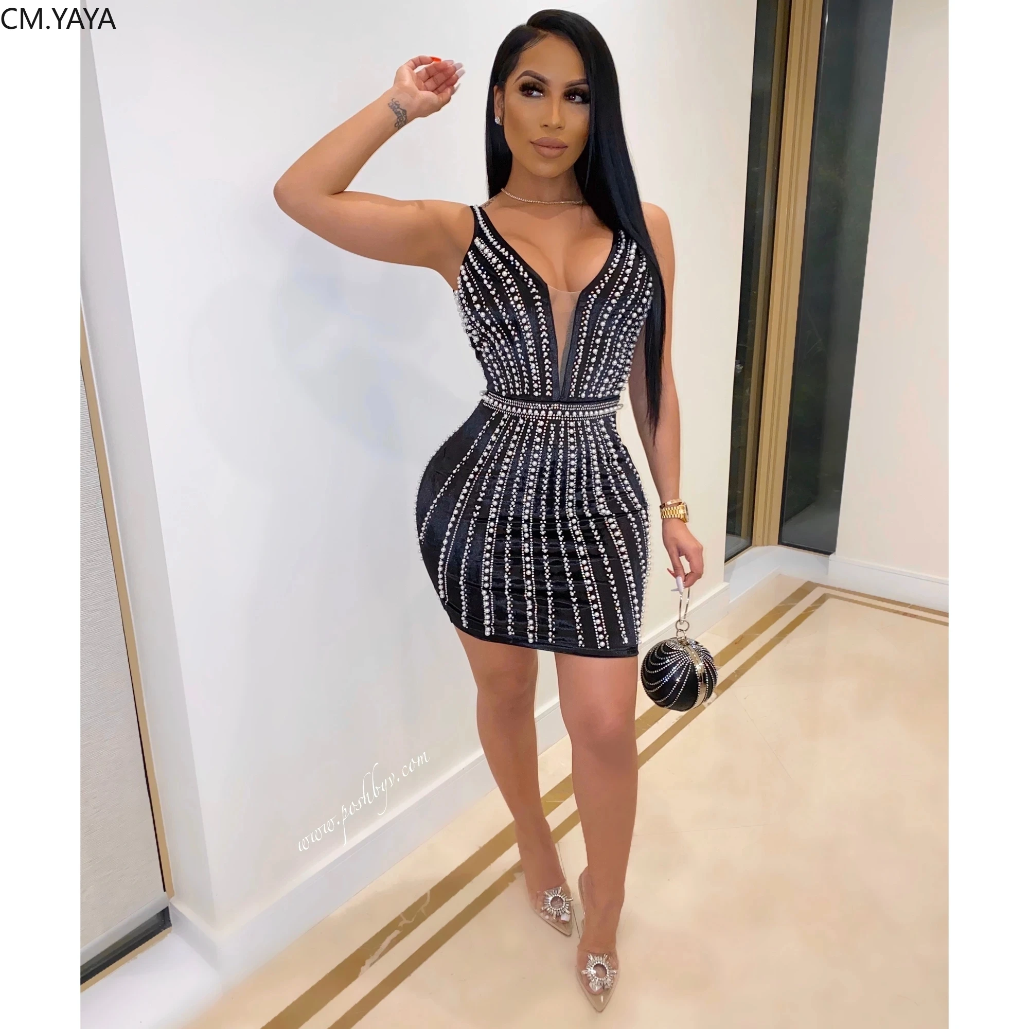 

CM.YAYA Diamonds Hot Drill Mini Dress Women V-Neck Bodycon Sexy Night Club Party Sleeveless Bandage Summer Dresses Vestidos