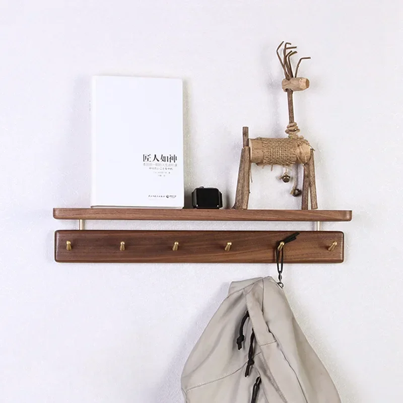 

Rustic Wood Shelves Mount Decoration Furniture Floating Wall Shelf Solid Wood Hanger Black Walnut Wall Mounted with Hooks