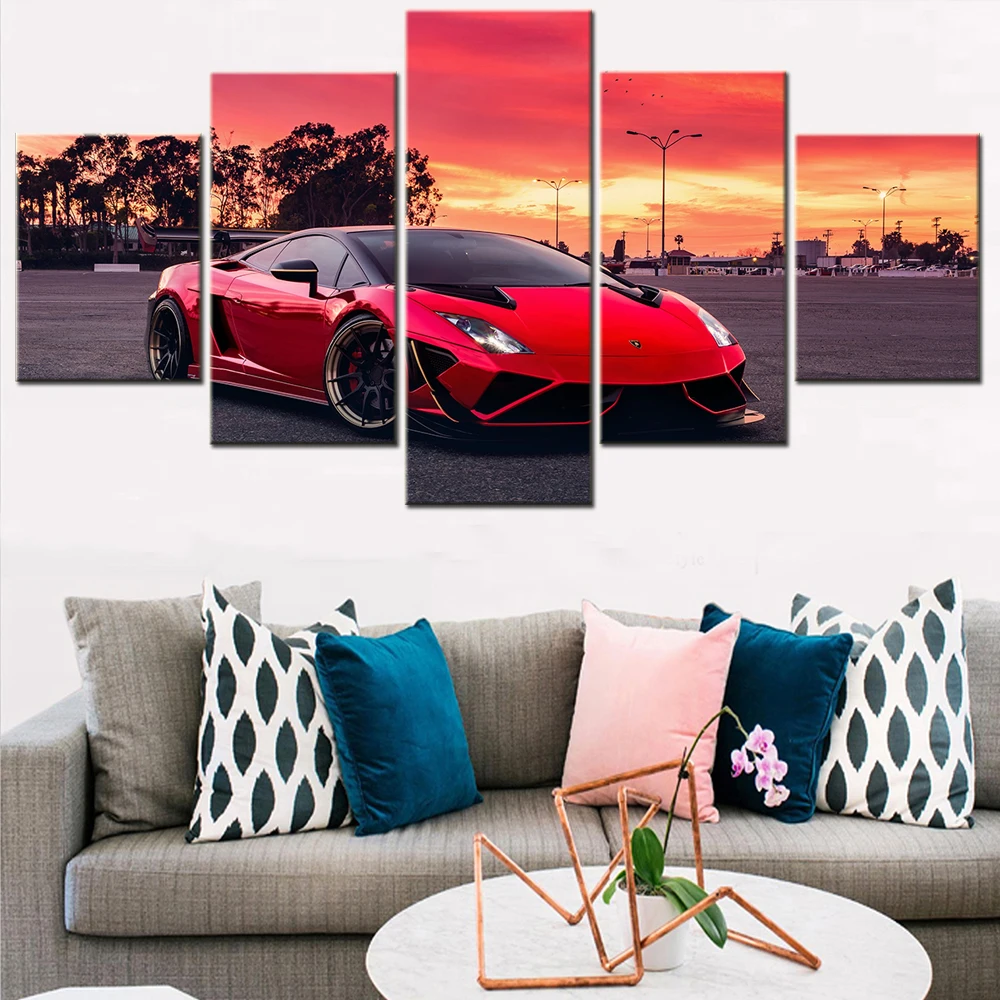 

5 Pieces Supercars Wall Art Canvas Painting Gallardo Red Sunset Racing Cars Posters and Prints Pictures for Living Room Decor
